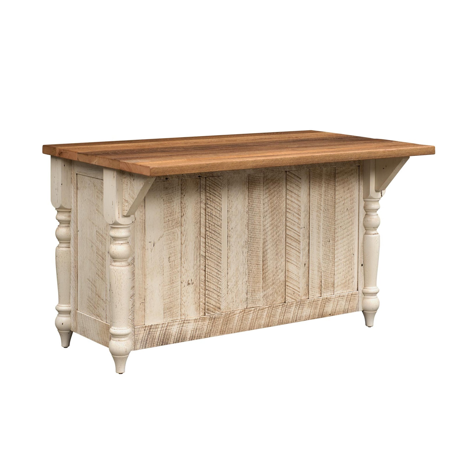 A rustic farmhouse-style kitchen island or buffet table with a distressed off-white painted wood frame, turned legs, and a medium brown wooden top. It features multiple drawers and cabinet doors with round metal pulls.