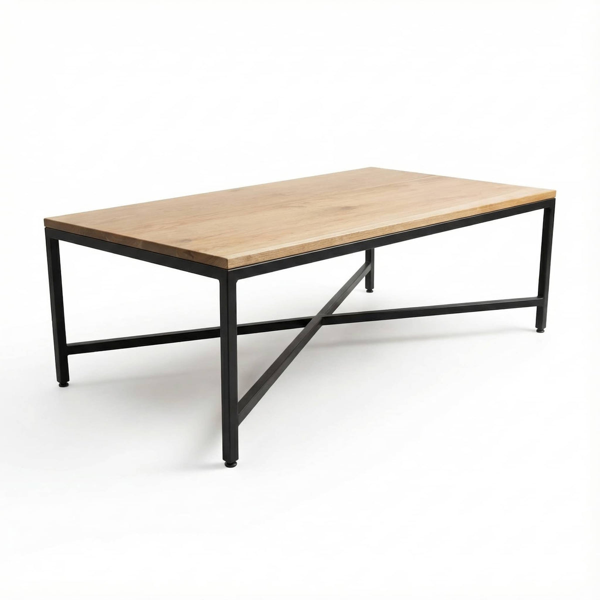 A rectangular coffee table with a light natural wood top and a black metal frame, shown on a clean white background.