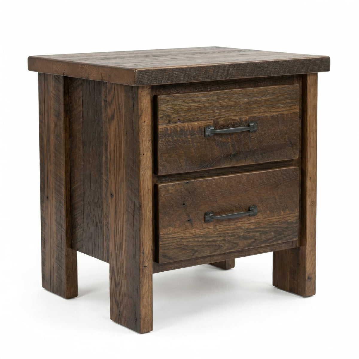 Wooden nightstand with two drawers on a white background