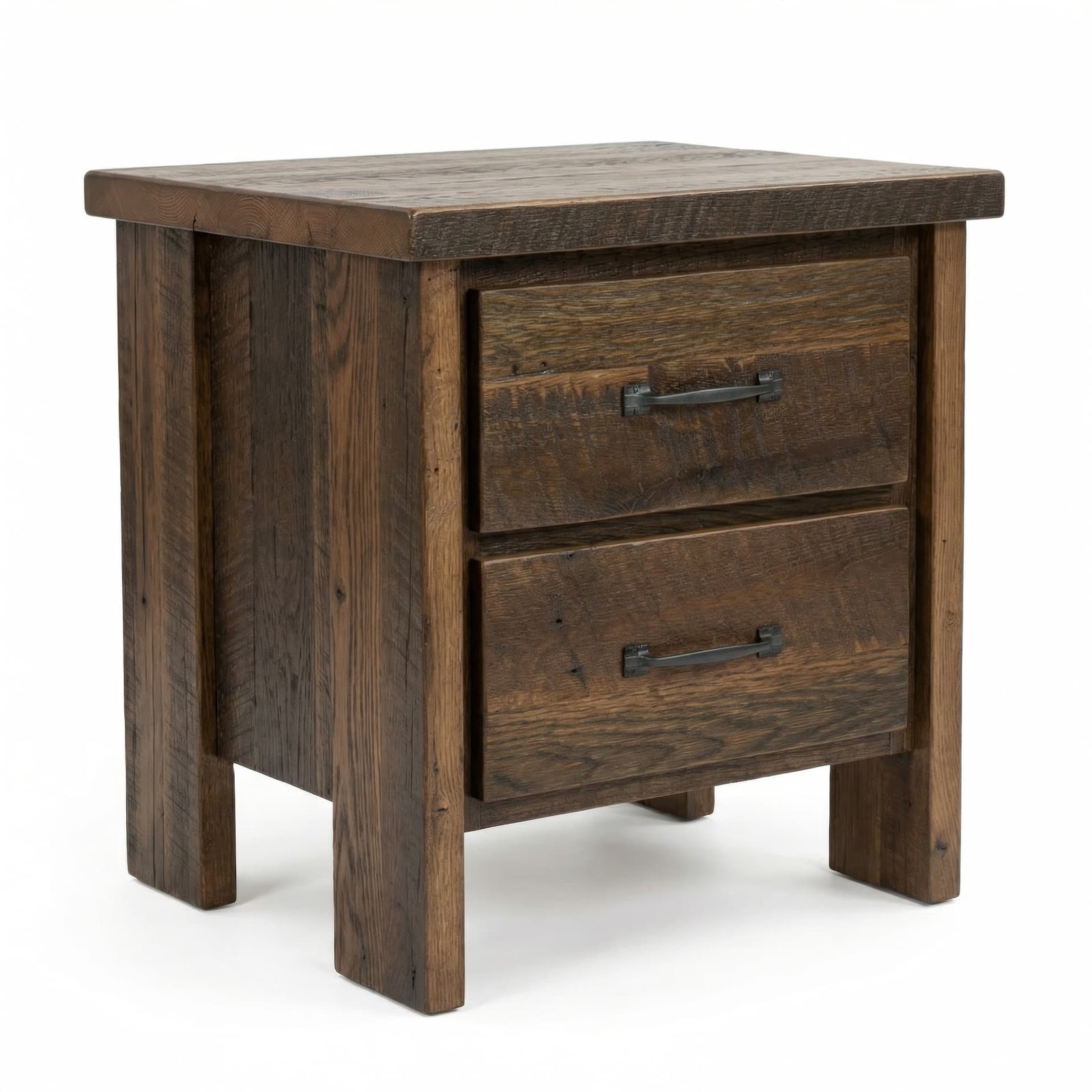 Wooden nightstand with two drawers on a white background