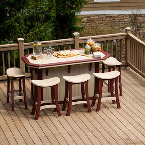 Birch and cherrywood poly bar island with six saddle-seat counter stools arranged on a wooden deck