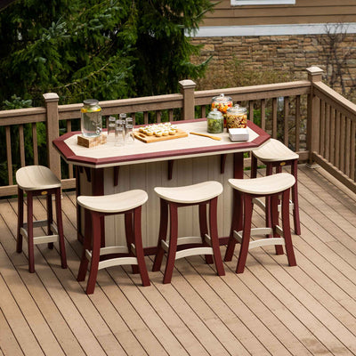 Birch and cherrywood poly bar island with six saddle-seat counter stools arranged on a wooden deck