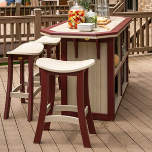 Three weatherwood and cherry saddle bar stools pulled up to a matching poly outdoor bar island on a backyard deck