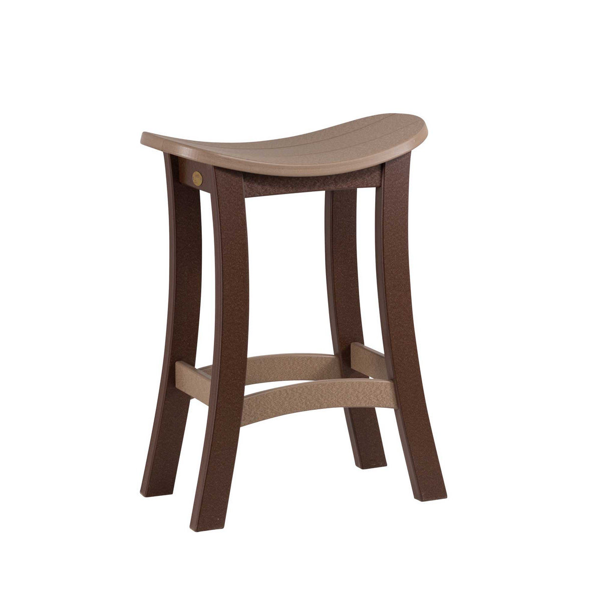 Curved weatherwood saddle seat bar stool with splayed chocolate brown legs and a footrest on a white background