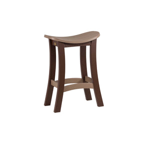 Angled view of the brown poly saddle stool showing its scooped seat, flared legs and contoured footrest