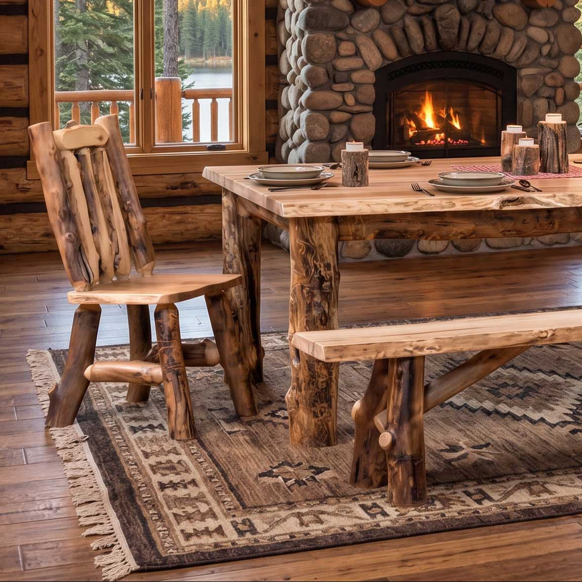 A rustic log dining room set featuring a heavy wood dining table, matching bench, and three log chairs, arranged on a patterned rug in front of a stone fireplace.
