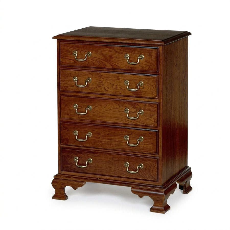A five-drawer wooden chest of drawers with a warm reddish-brown finish and brass handles, shown on a plain white background.