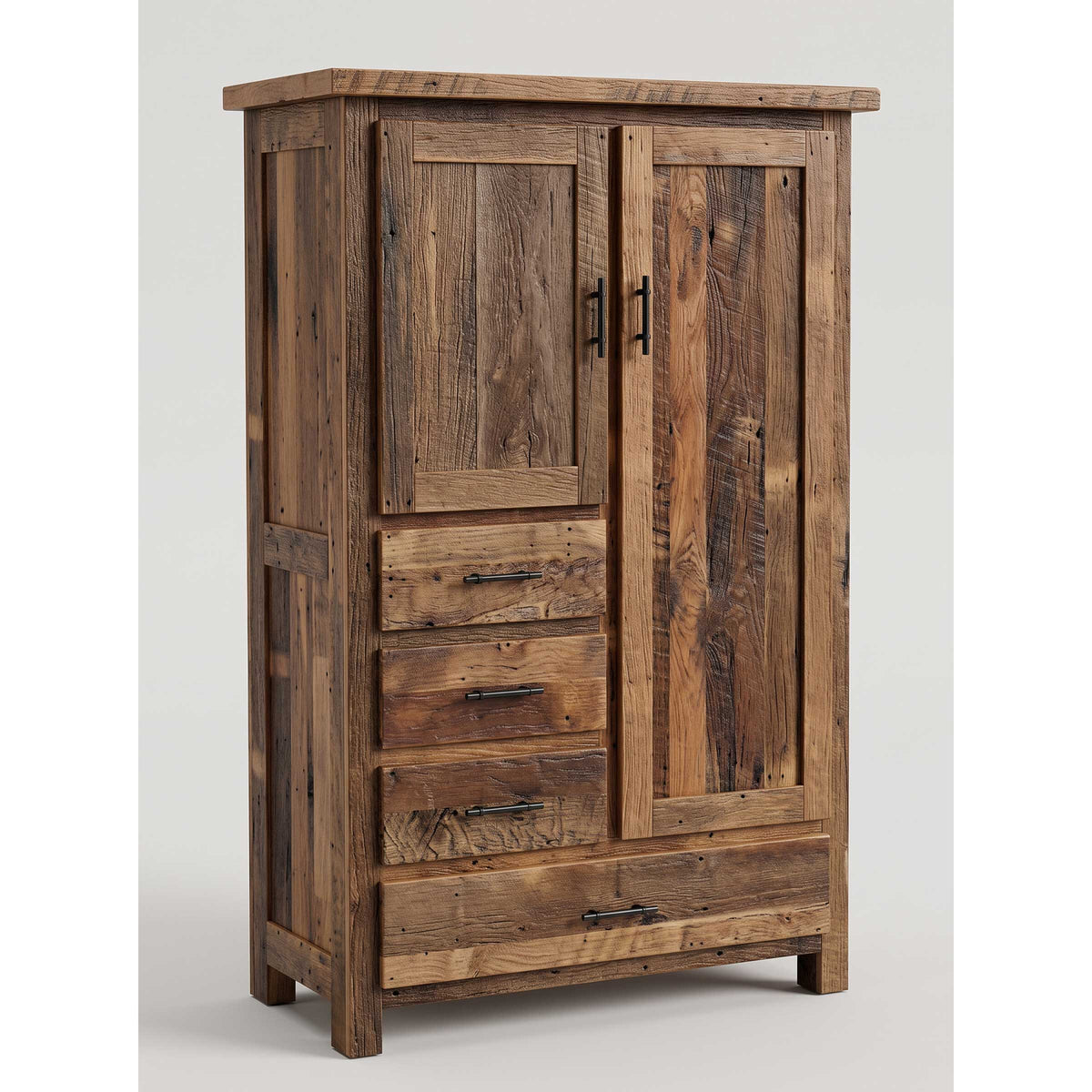 Reclaimed barnwood armoire with two paneled doors, four drawers and black bar pulls on a gray background