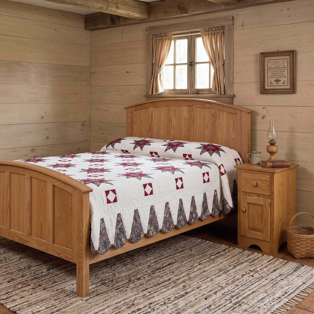 Curved panel bed in golden oak with an arched paneled headboard and footboard in a log cabin bedroom with a star quilt