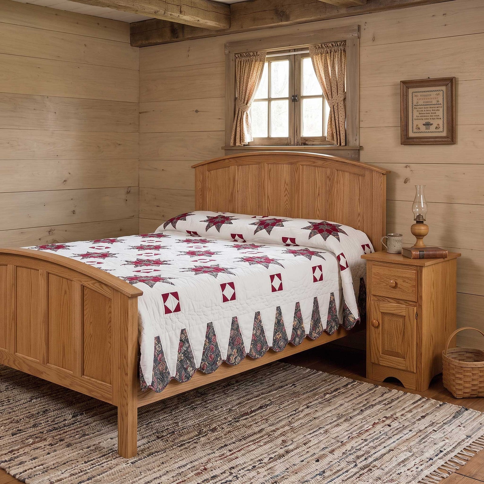 Curved panel bed in golden oak with an arched paneled headboard and footboard in a log cabin bedroom with a star quilt
