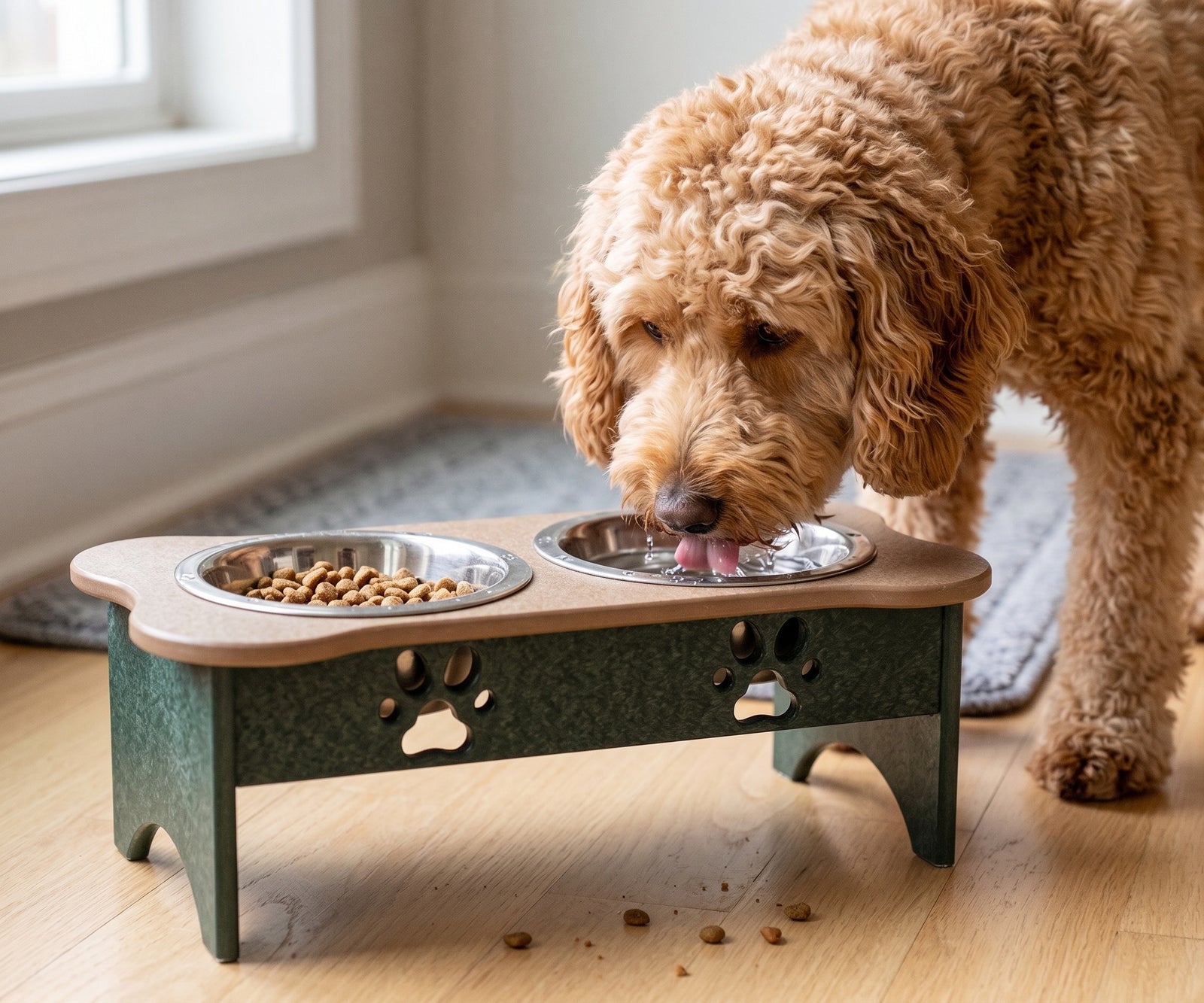 Dog eating from a elevated pet feeder on a wooden floor.