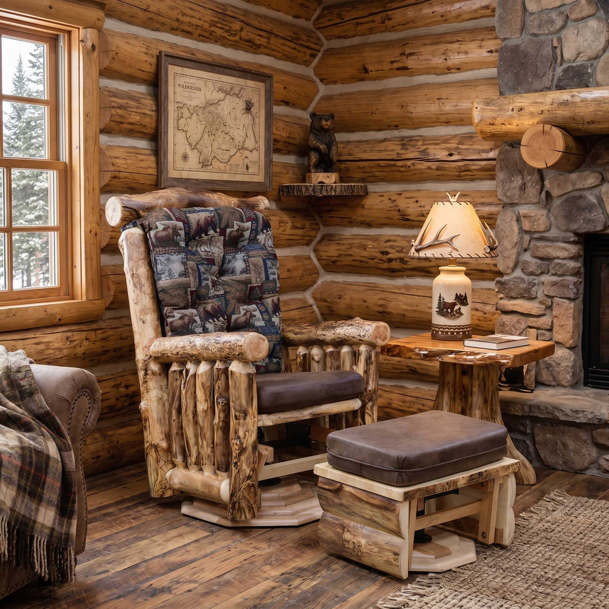 Amish Ponderosa Log Glider Rocker & Ottoman Set