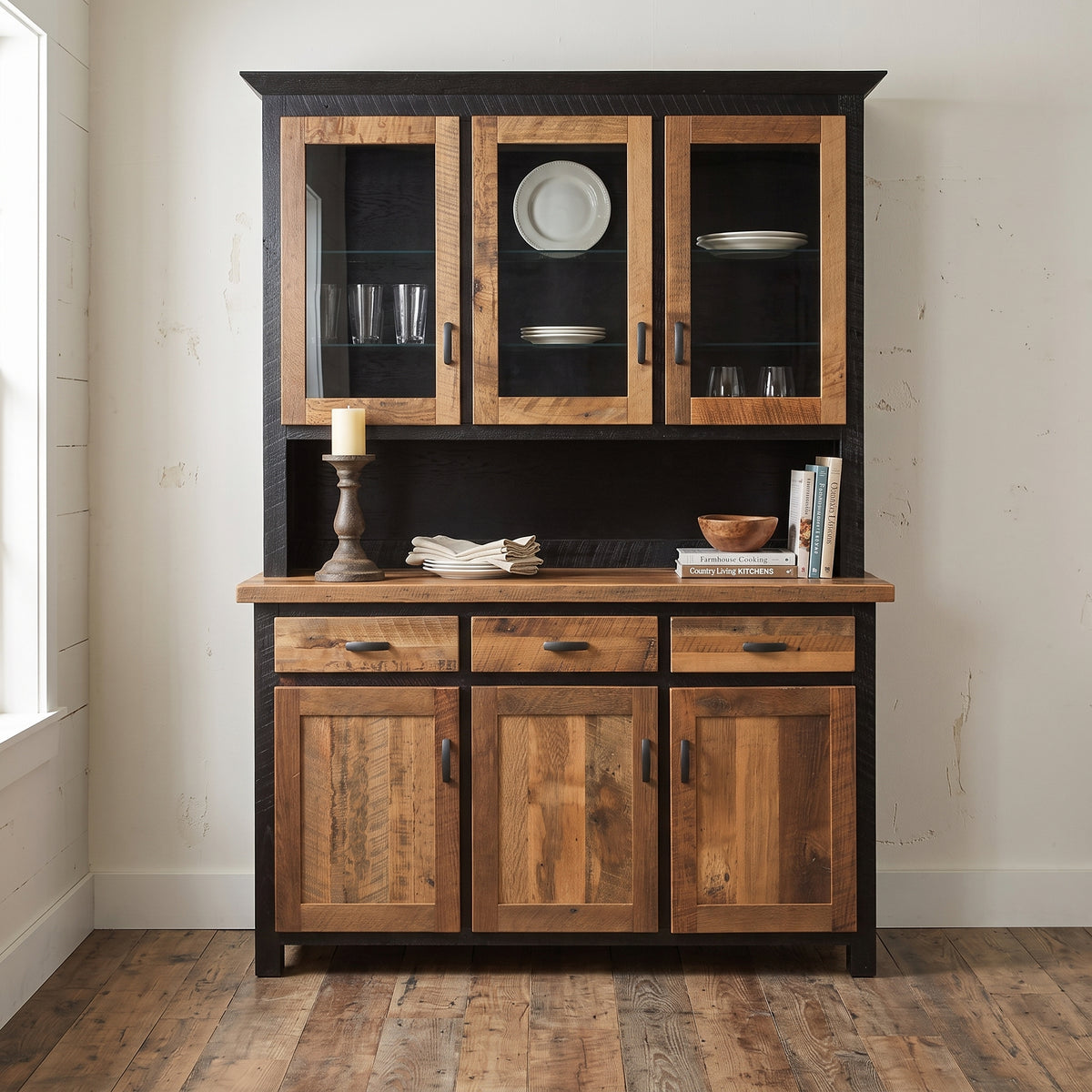 Two-tone hutch with black painted frame, three glass doors, open shelf, three drawers and three natural wood doors