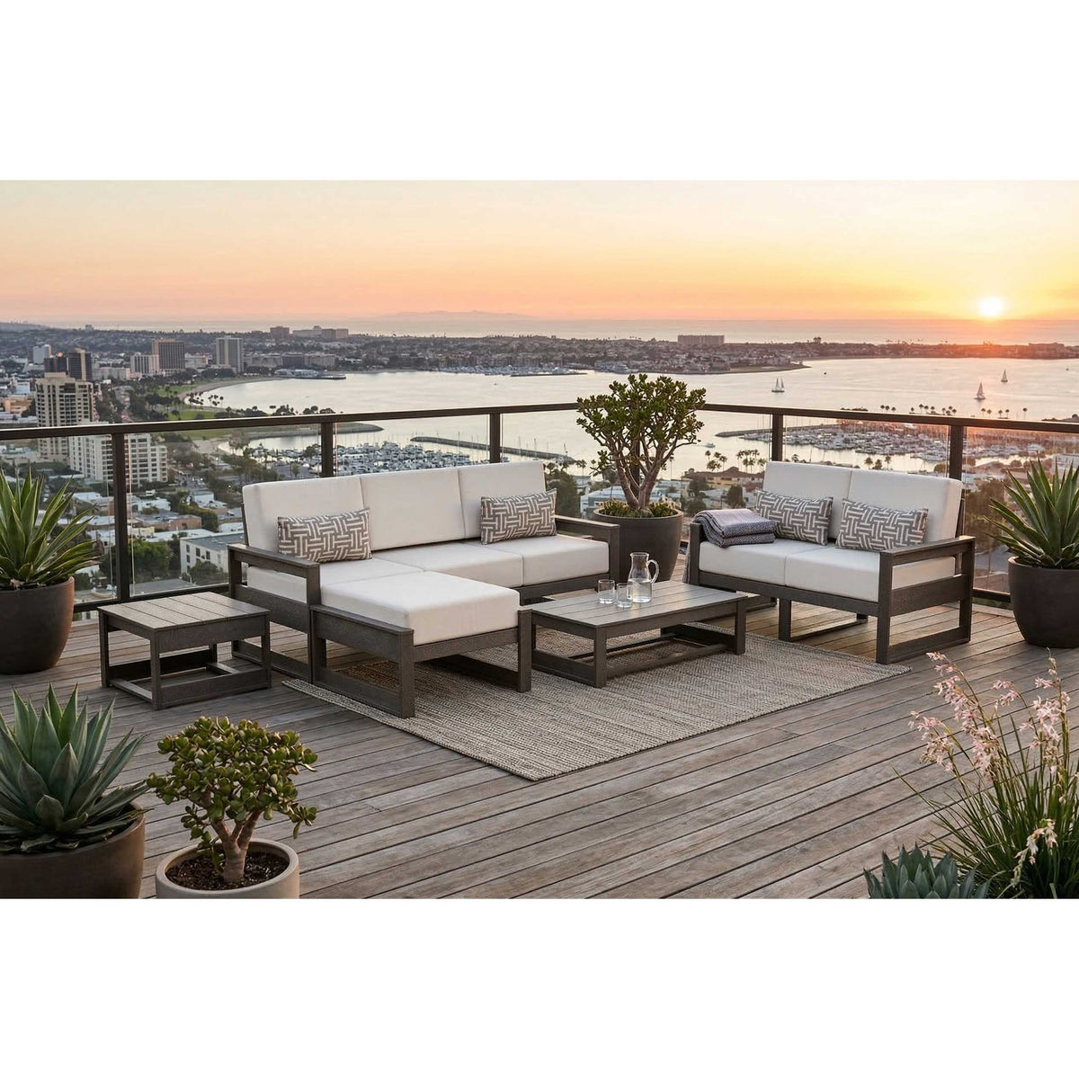 Amish Poly Midcentury Modern 5-Piece Patio Set: 3-Seat Sofa, Loveseat, Side Table, Coffee Table, and Ottoman