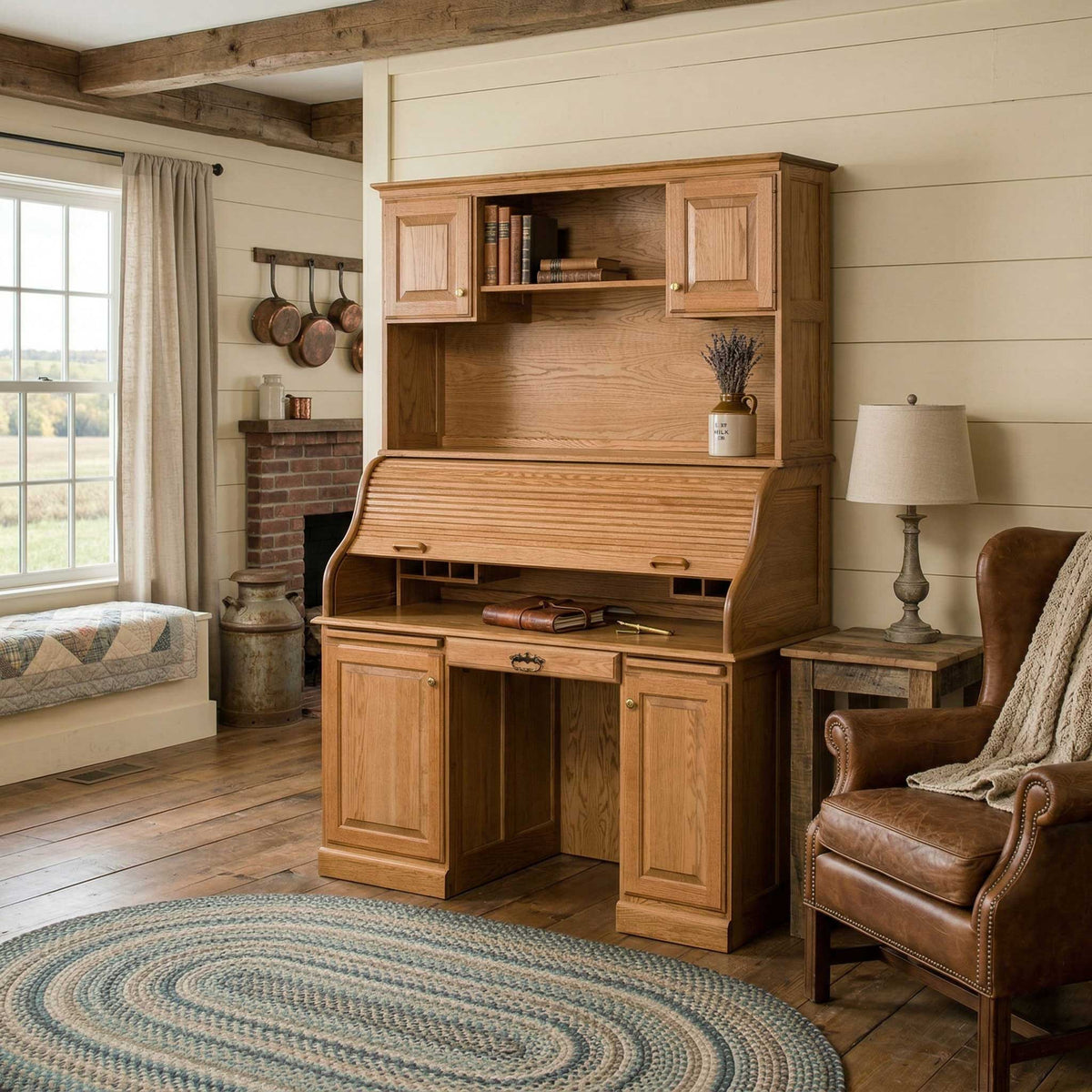 Amish Traditional 70" Wood Roll Top Computer Desk with Hutch Top