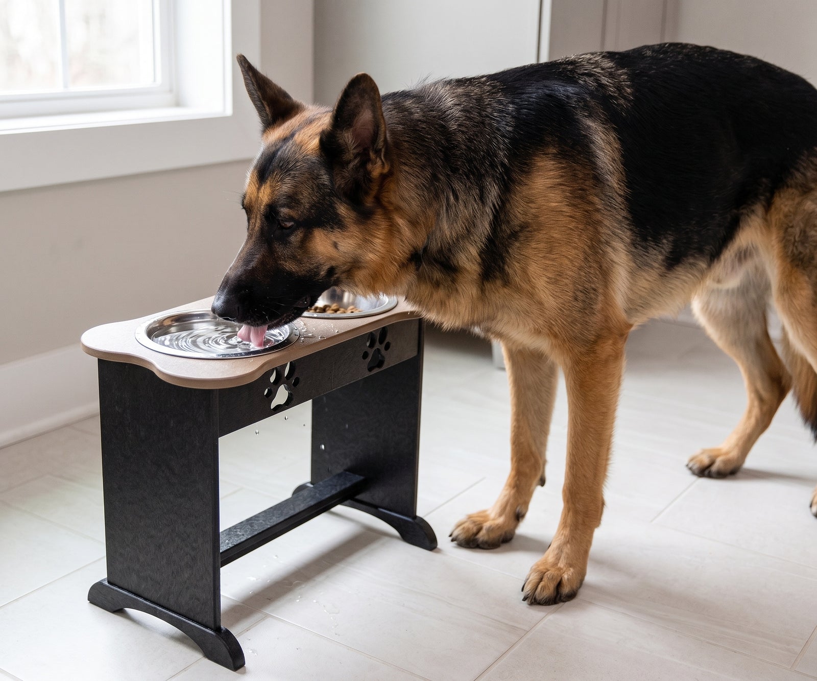 Dog drinking from a raised pet water bowl in a home setting