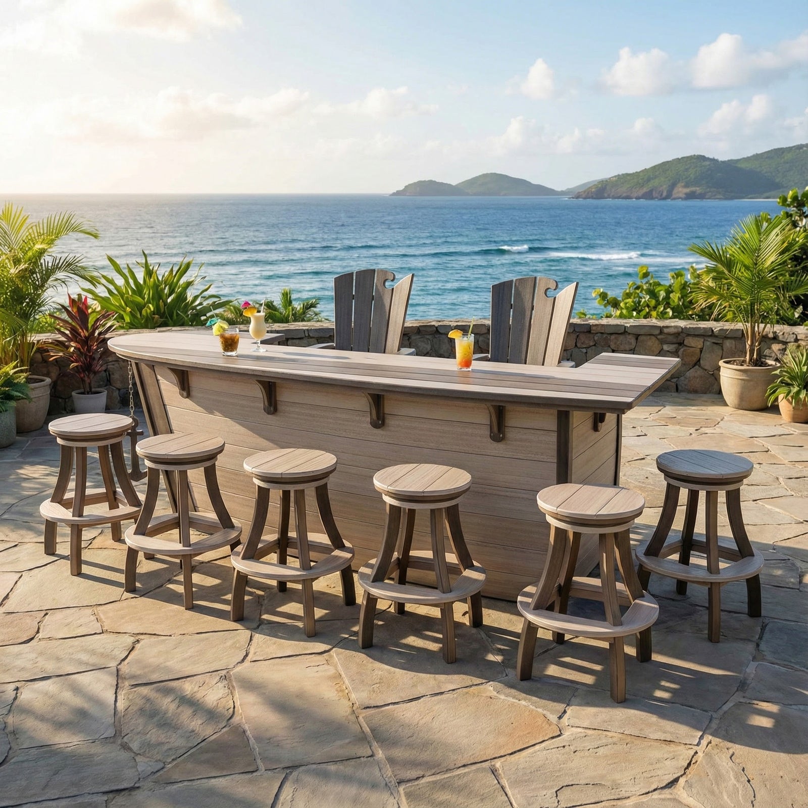 Outdoor patio bar set with stools by the ocean