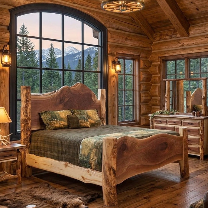 A rustic log cabin bedroom featuring a handcrafted wooden bed with a natural log frame, a stone fireplace with a glowing fire, and large windows showing a mountain and pine forest view.