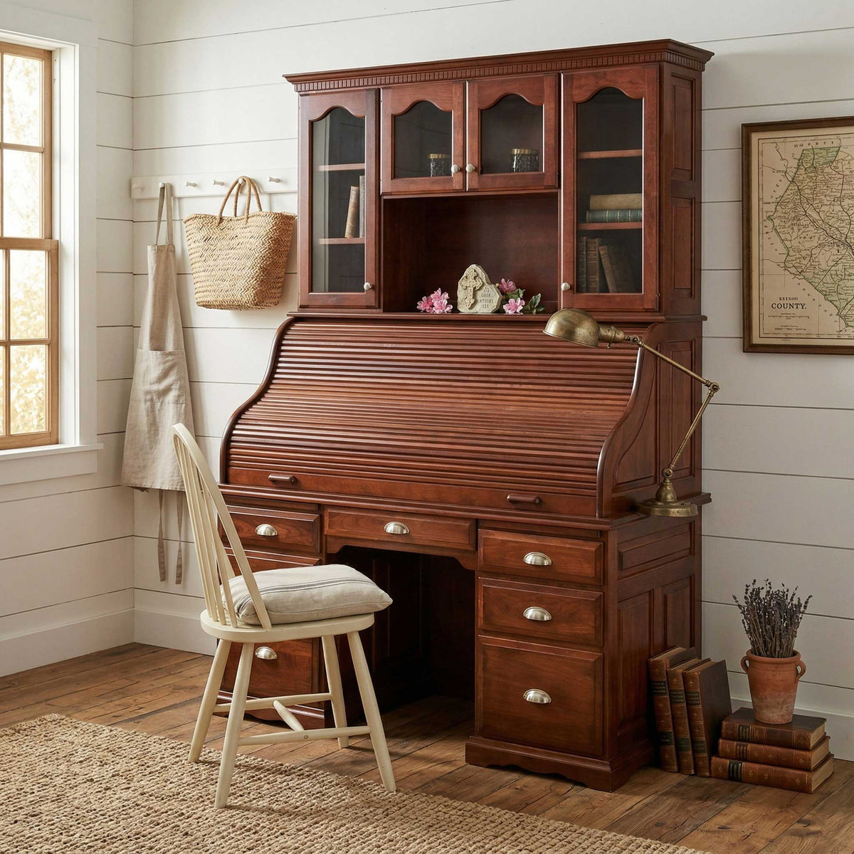 Amish Heritage Raised Panel 60" Wood Roll Top Computer Desk with Hutch