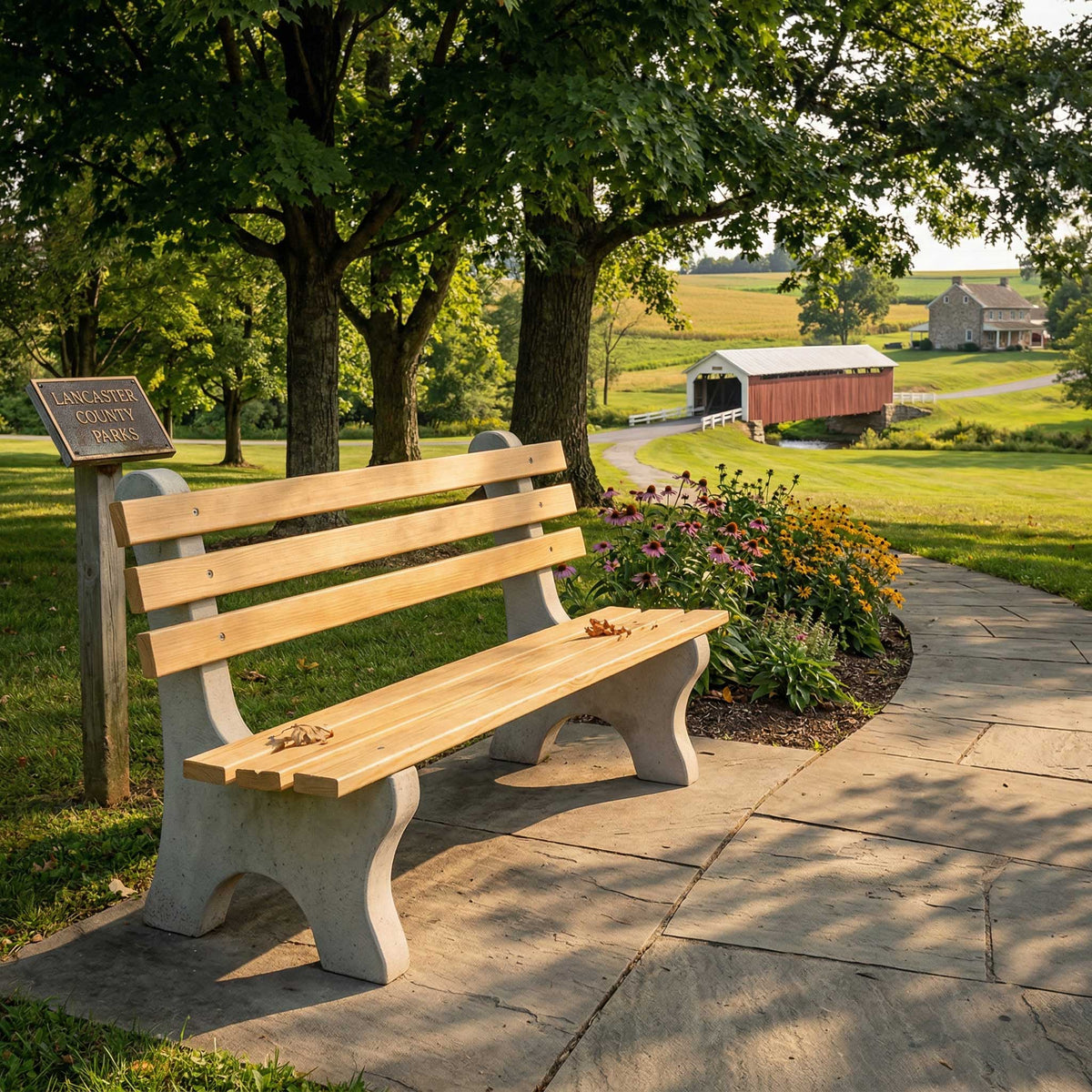 Amish Outdoor Wooden Park Bench with Concrete Legs