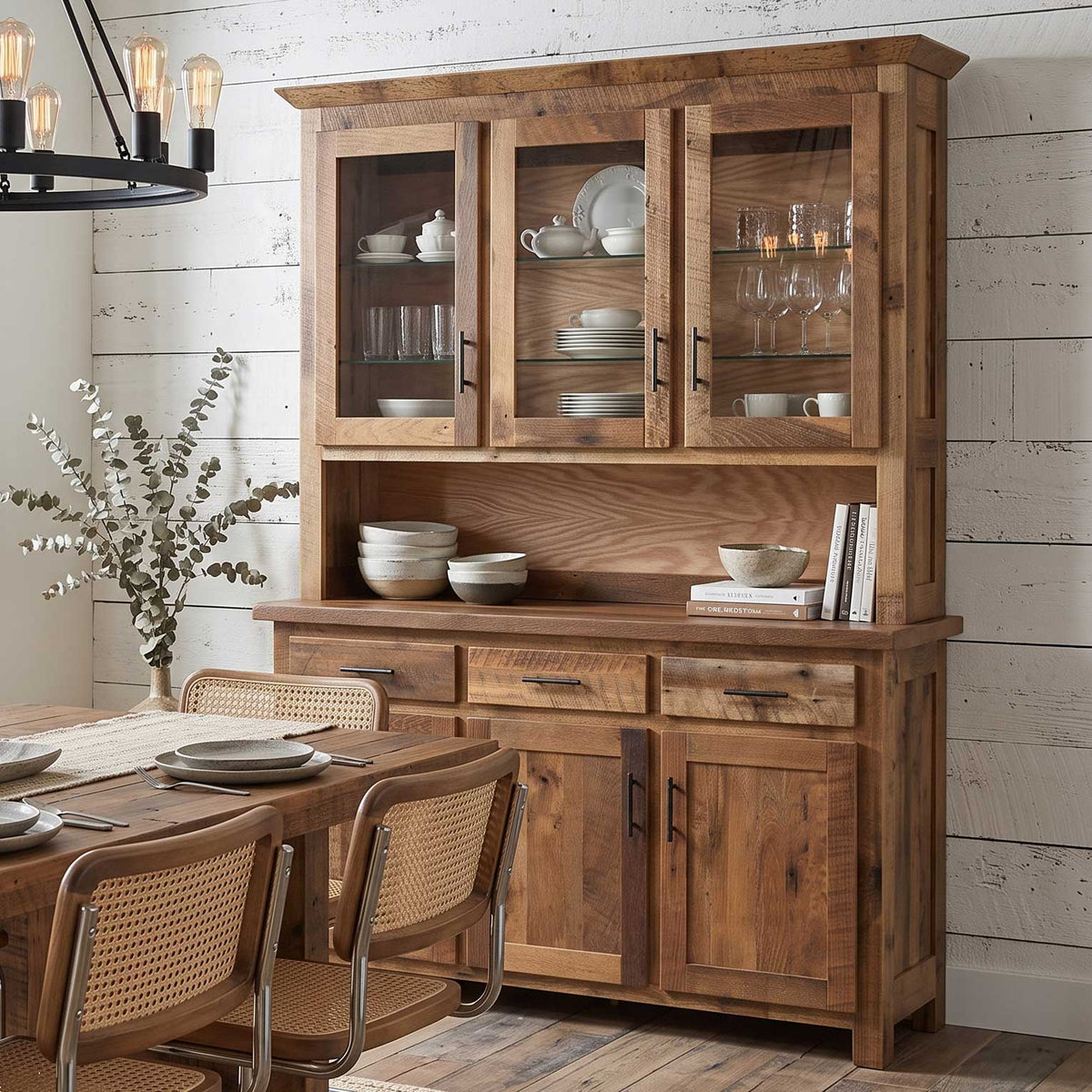 Reclaimed oak hutch with three glass doors, lighted shelves, open display area, three drawers and two panel doors