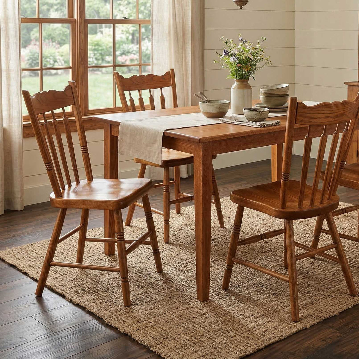 Wooden dining table with chairs in a well-lit room with large windows.