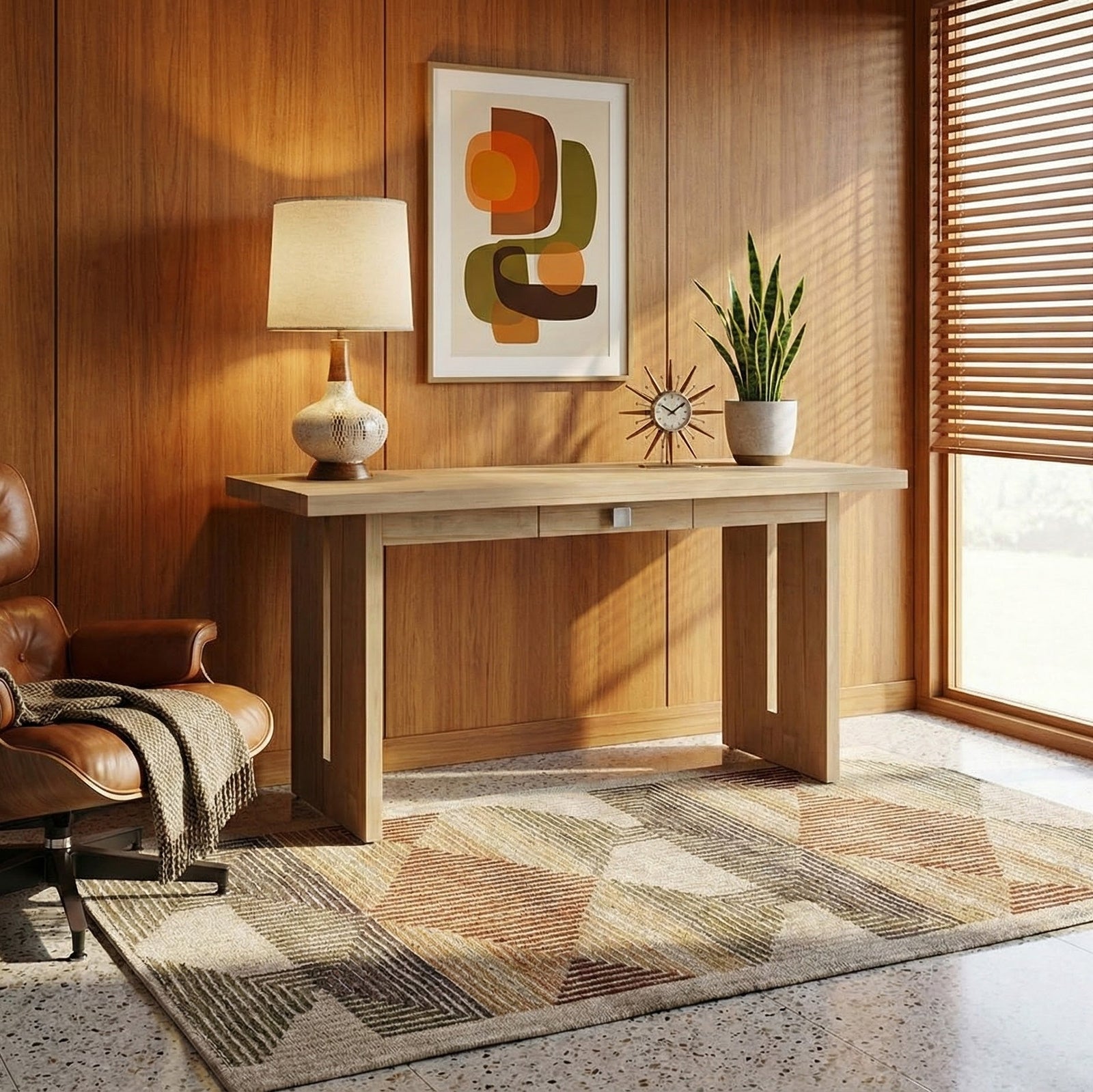 Wooden desk with lamp, plant, and clock in a room with wooden walls and a window.