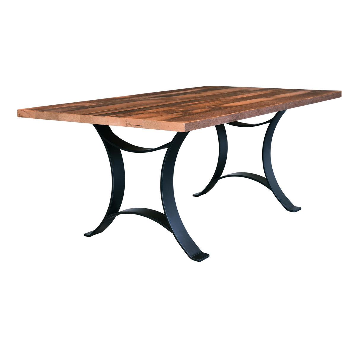 A rectangular dining table with a rustic medium-brown wood plank top and a black metal frame base with curved legs, shown on a plain white background.