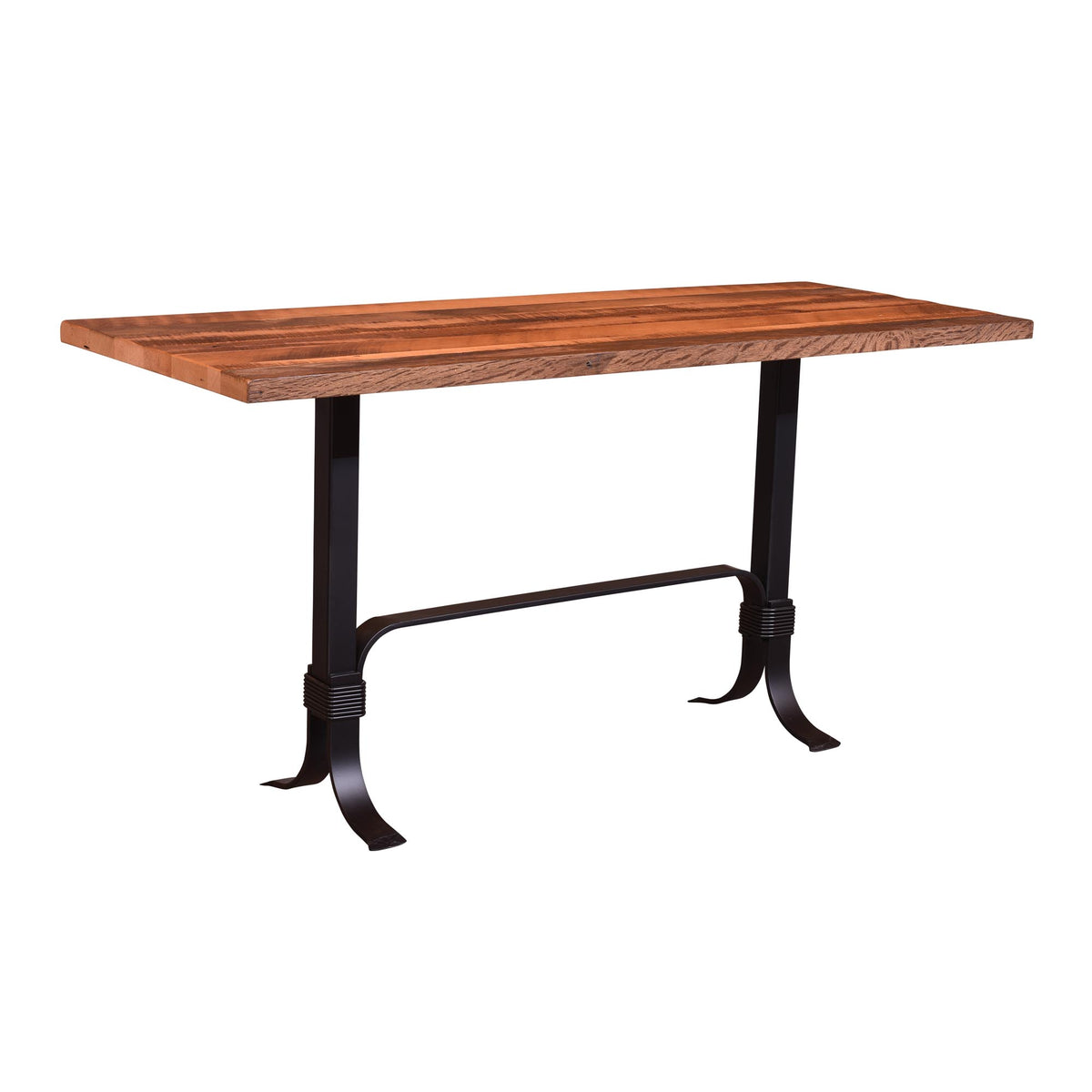 A rectangular wooden table with a warm medium-brown wood grain top and a black metal frame base with curved legs and a horizontal stretcher bar, shown on a plain white background.