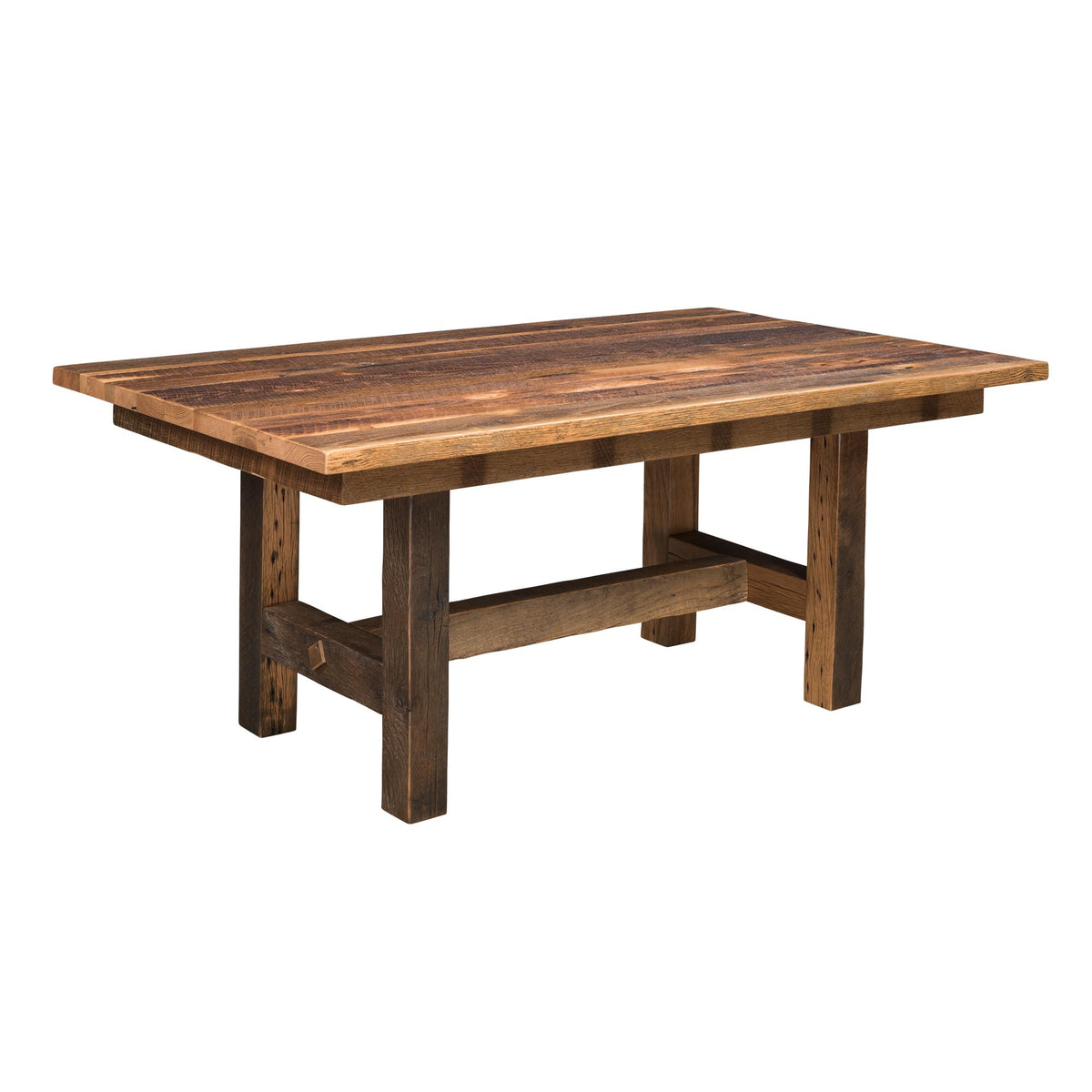 A rustic rectangular wooden table with a dark brown stained finish, featuring a thick slatted top and a sturdy crossbar stretcher base, shown on a plain white background.