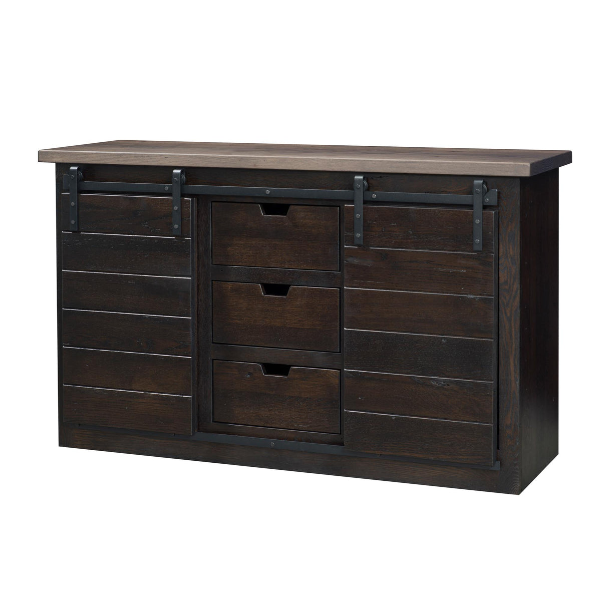 A rustic dark brown wooden storage cabinet with a medium brown top, featuring three central drawers and two side panels with black metal hardware.
