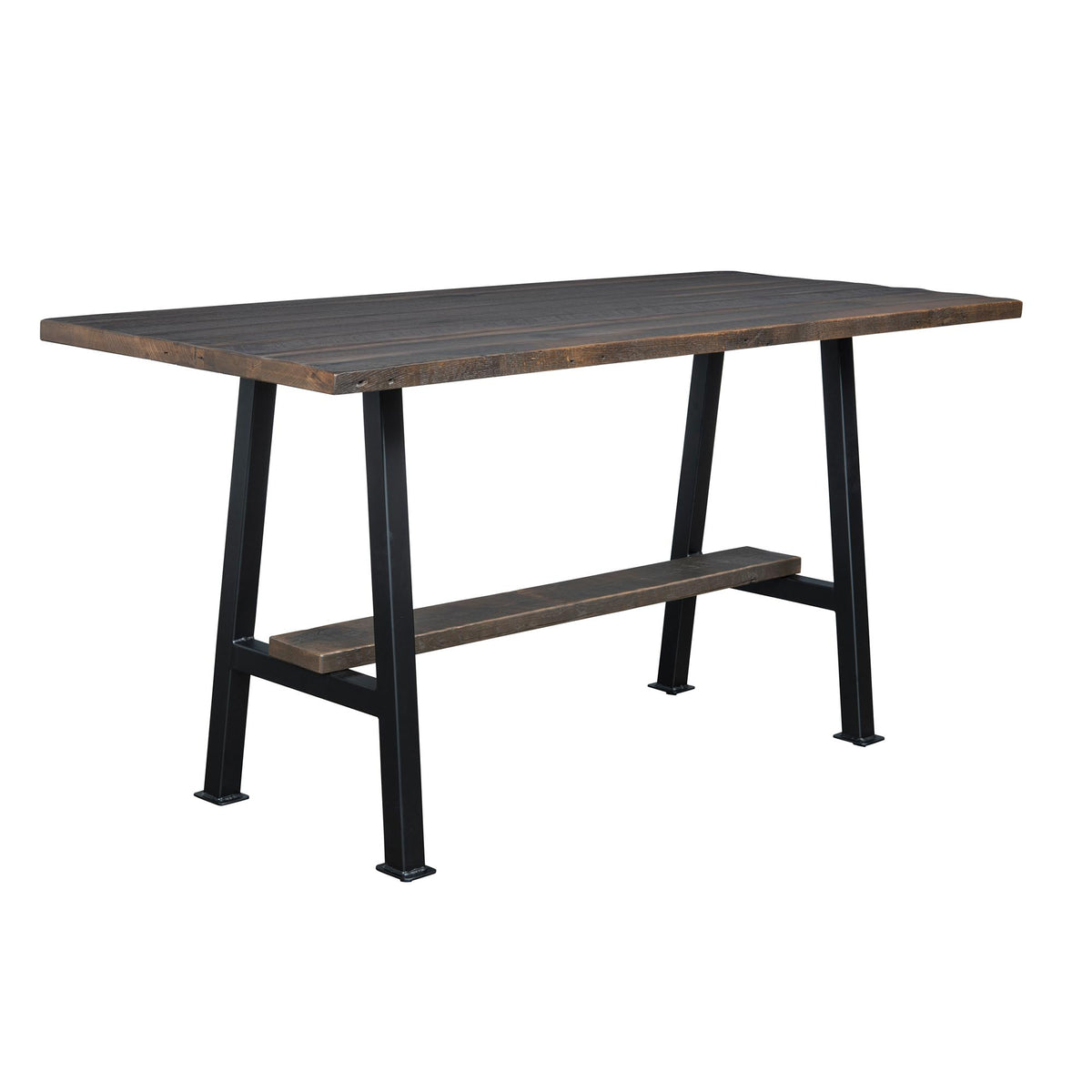 A rustic industrial-style writing desk with a dark brown wooden tabletop and a matching wood-look shelf, supported by a black metal frame with four legs, shown on a plain white background.