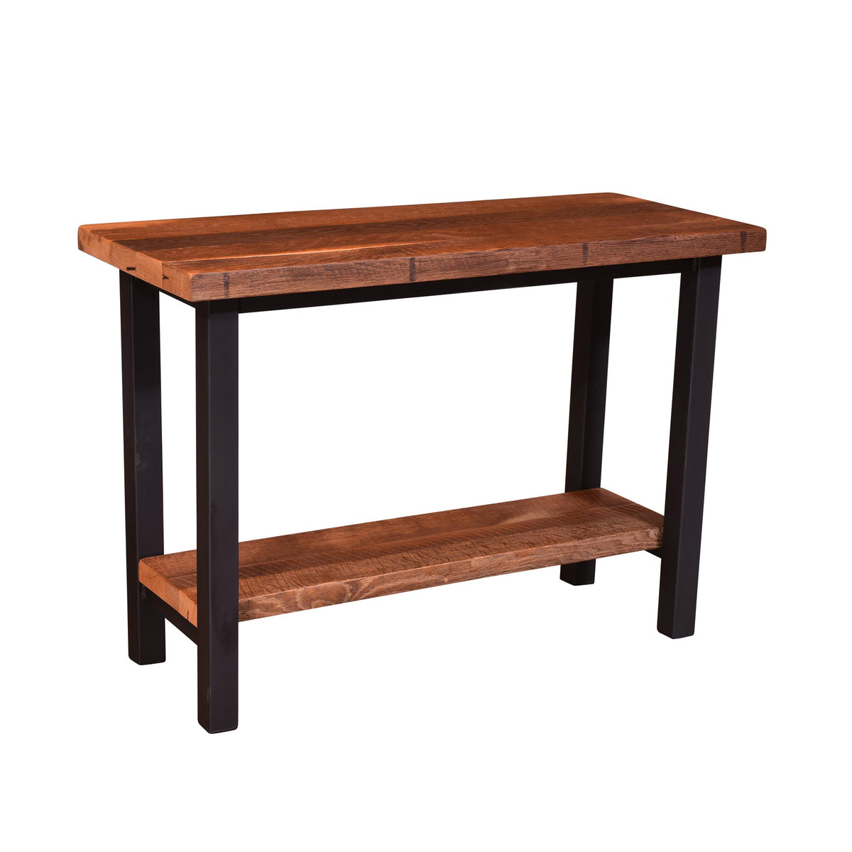 A rustic industrial console table with a warm brown wood top and lower shelf, supported by a black metal frame with four legs, shown on a plain white background.
