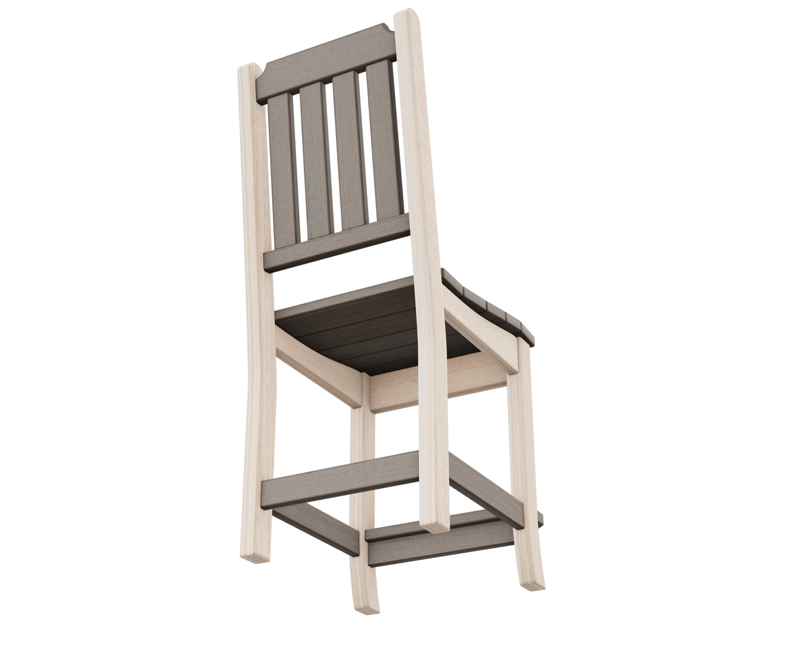 Brown and white poly counter height chairs with slat backs at a matching pub table on a porch