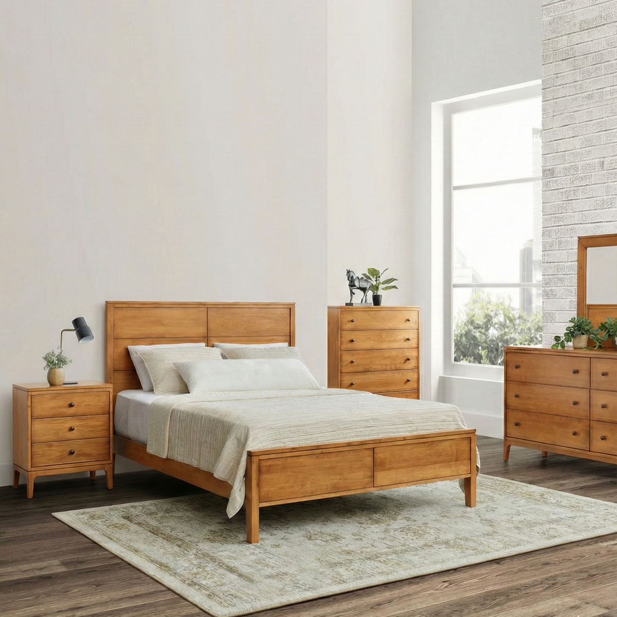 Amish Kiel Mid Century Modern 5pc Bedroom Set - Maple Wood