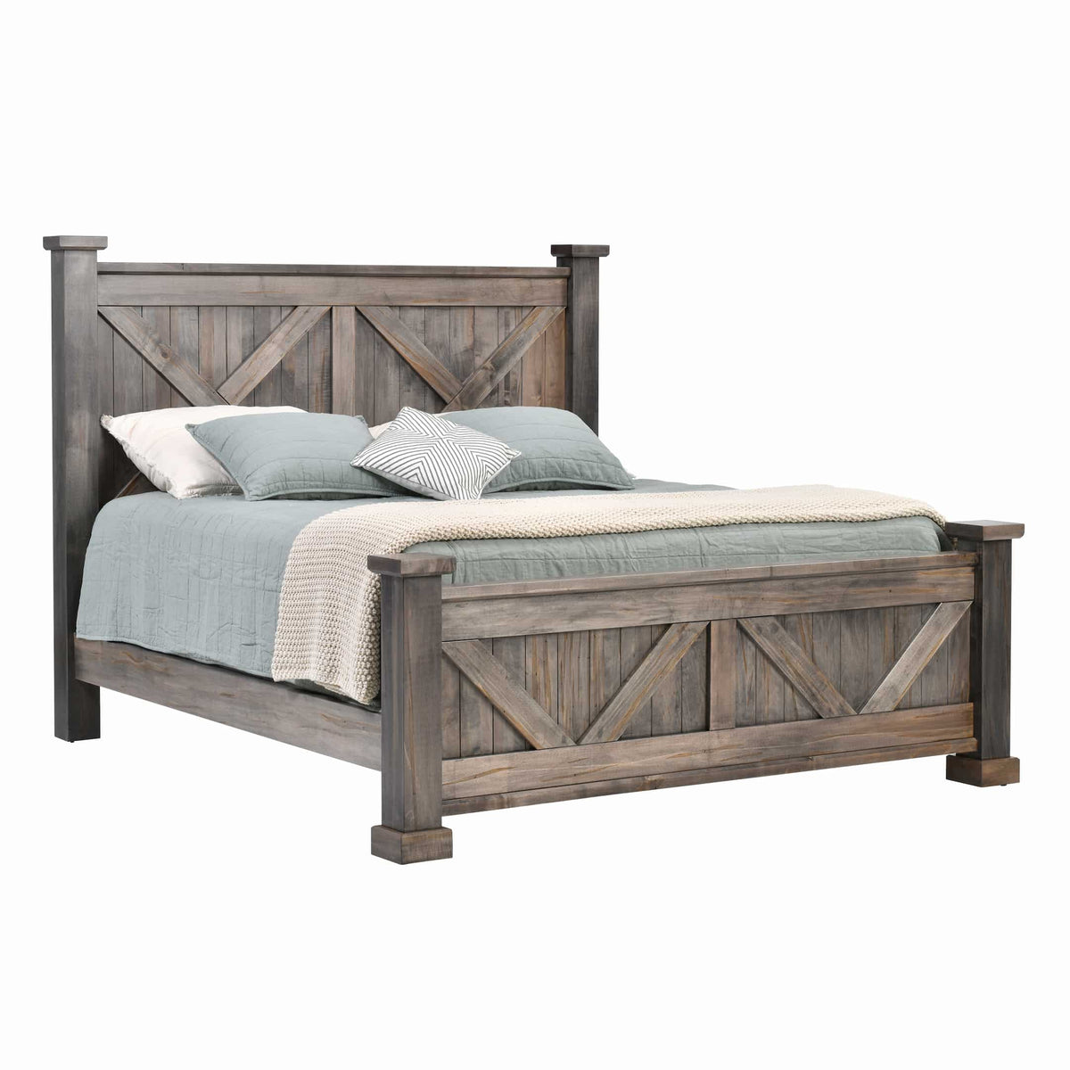 Wooden bed with a rustic design on a white background