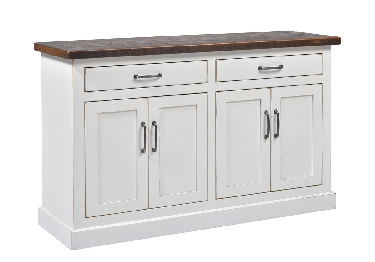 A white wooden kitchen island or buffet cabinet with a dark brown wood top, featuring two drawers on top and four paneled doors below with silver metal handles.