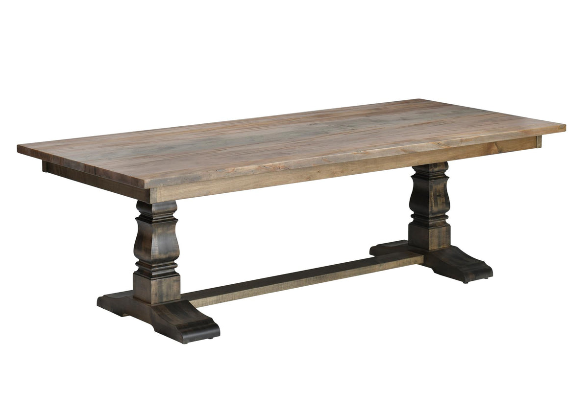 Wooden dining table with rustic design on a white background