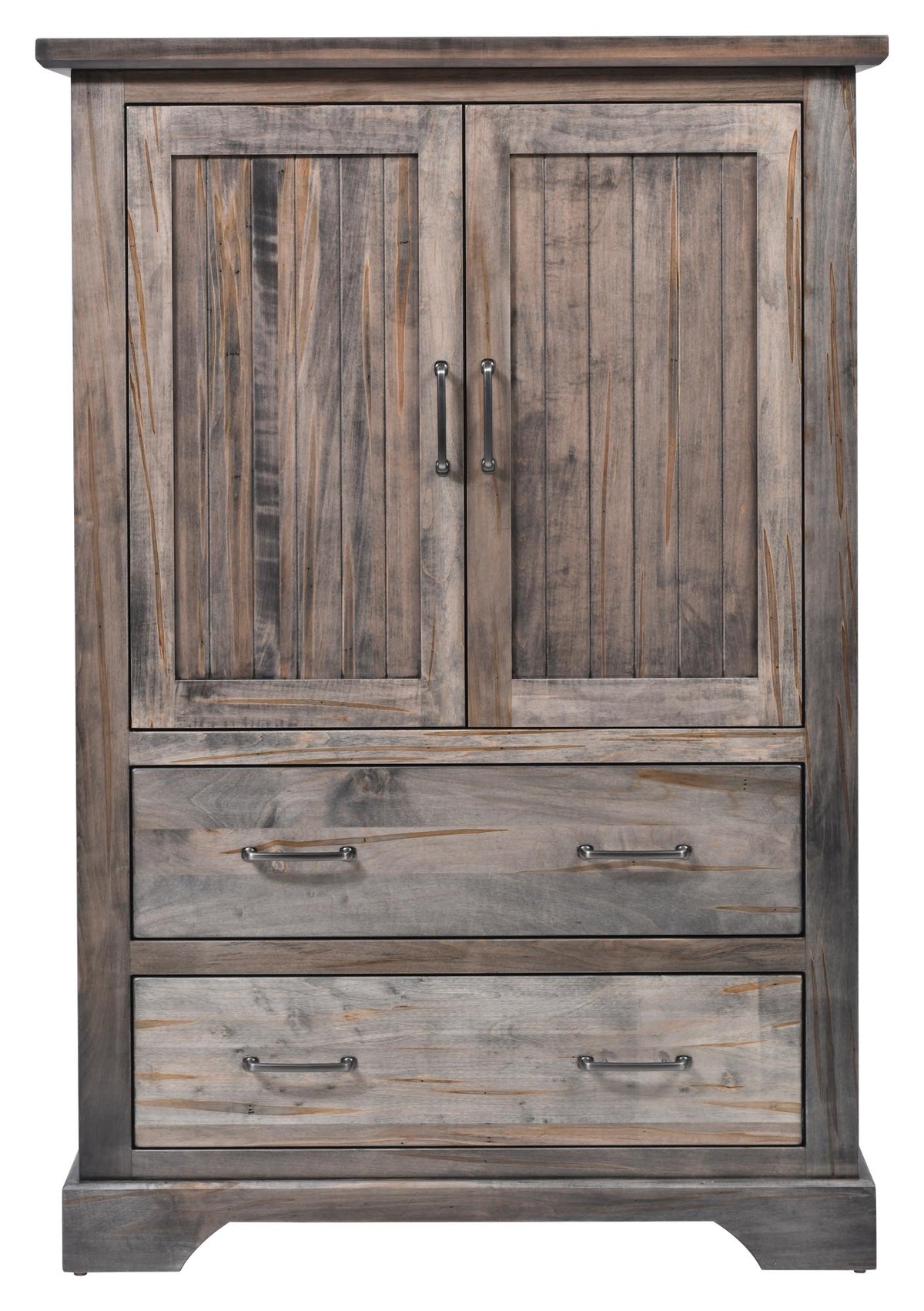 Wooden armoire with two doors and three drawers on a white background