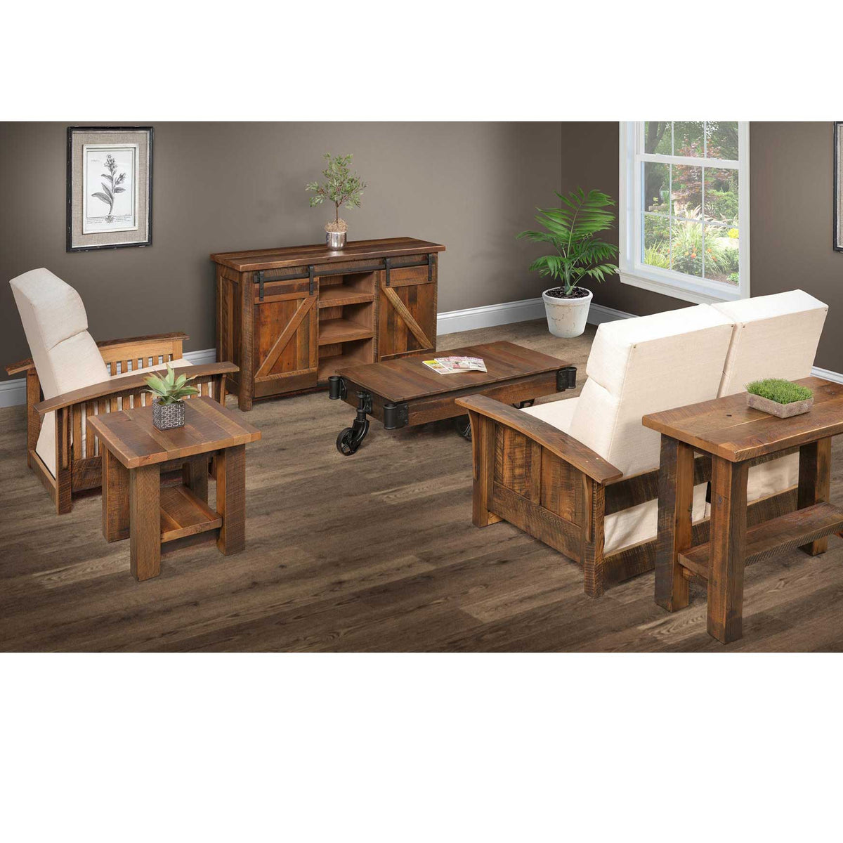 Rustic living room set with barn door tv console, industrial cart coffee table, end tables and cream cushioned chairs