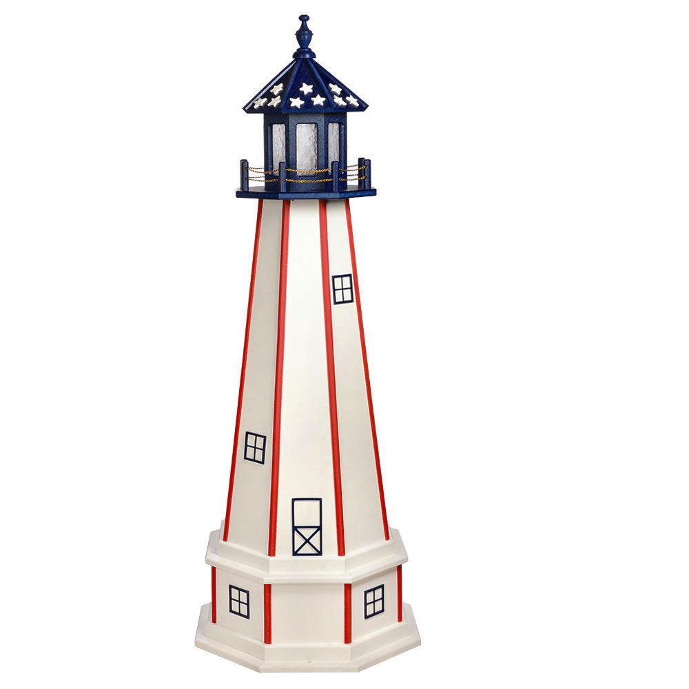 Ivory lighthouse with thin red corner stripes, navy lantern room with white stars and a wide ivory base