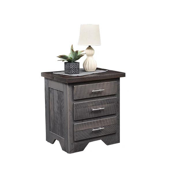 Gray wooden nightstand with a lamp and plant on top against a white background
