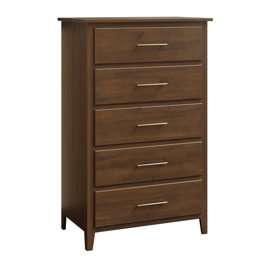 Five-drawer chest of drawers in dark brown wood with long brass bar pulls and tapered legs, angled view
