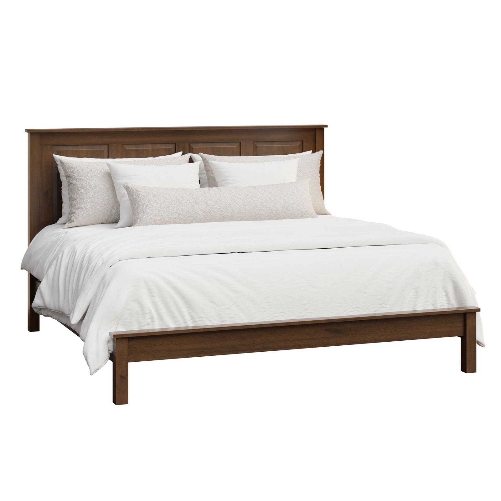 A king-sized solid wood high panel bed frame with a low footboard, shown in a brown stain finish, made with pillows and a bedsheet.