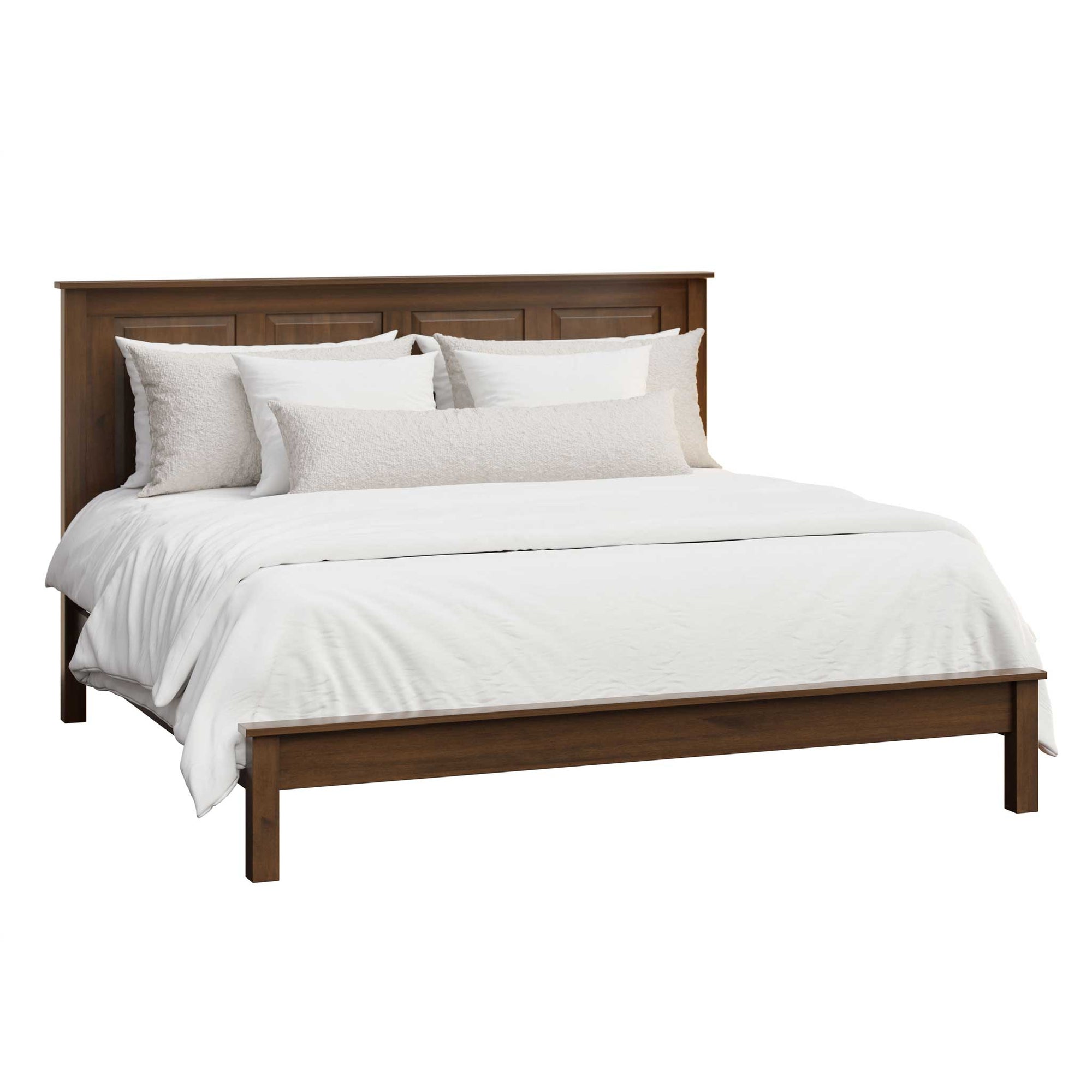 A king-sized solid wood high panel bed frame with a low footboard, shown in a brown stain finish, made with pillows and a bedsheet.