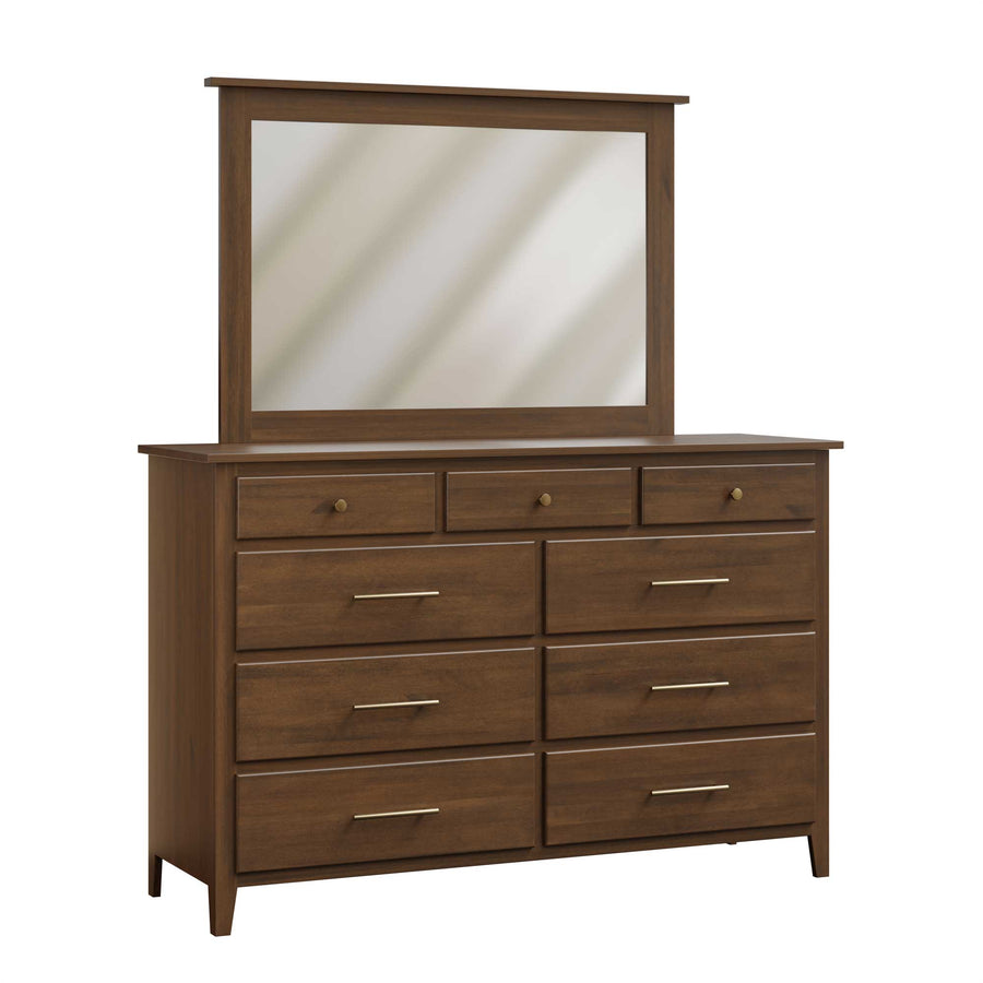 Nine-drawer dresser with a wide rectangular mirror in walnut, brass knobs on top drawers and long bar pulls