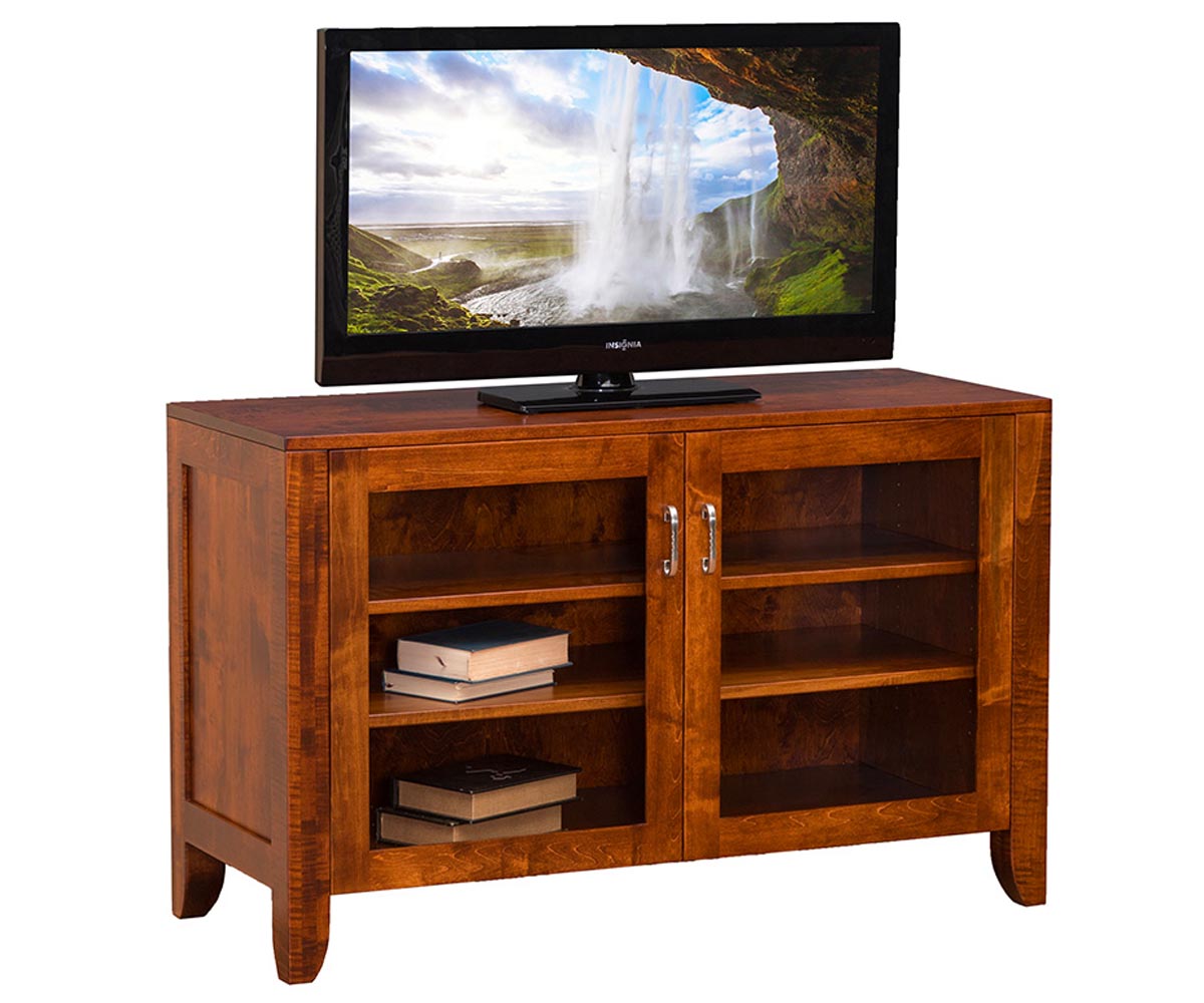 Wooden TV stand with a television displaying a waterfall on a white background