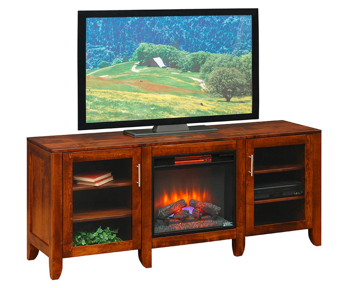 Wooden TV stand with electric fireplace and TV displaying nature scene