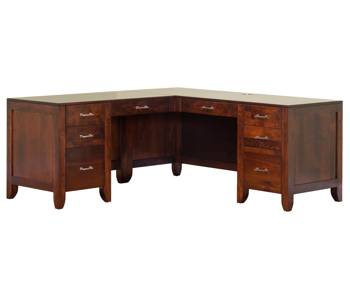 Wooden L-shaped desk with drawers on a white background