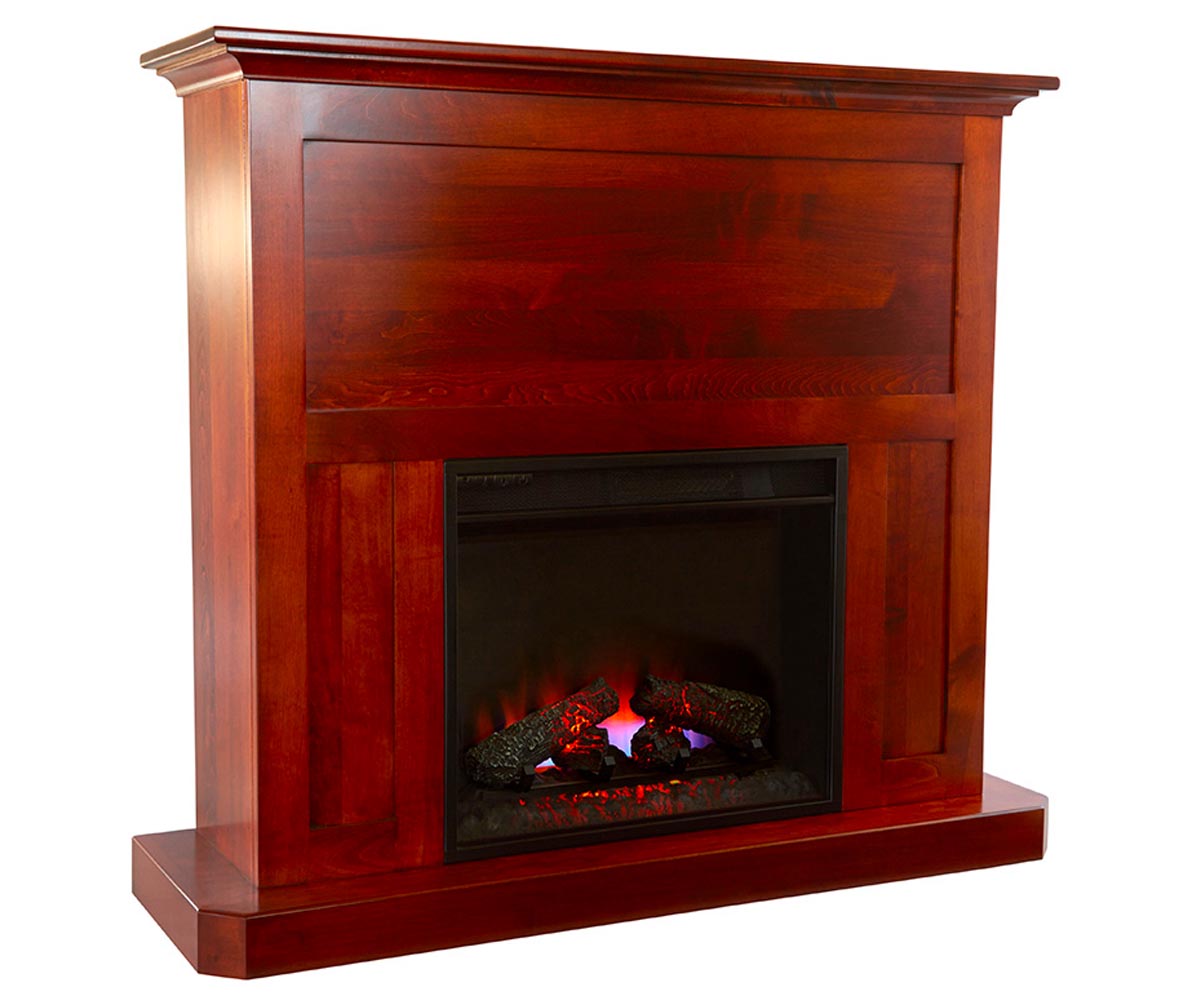 Wooden electric fireplace with glowing interior on a white background